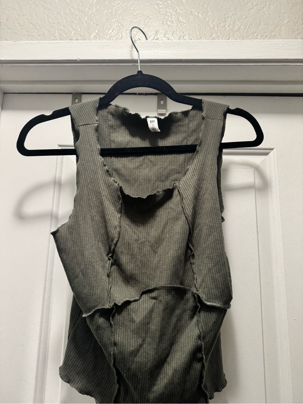 bp Olive Green Ribbed Tank with Raw Edge Detail